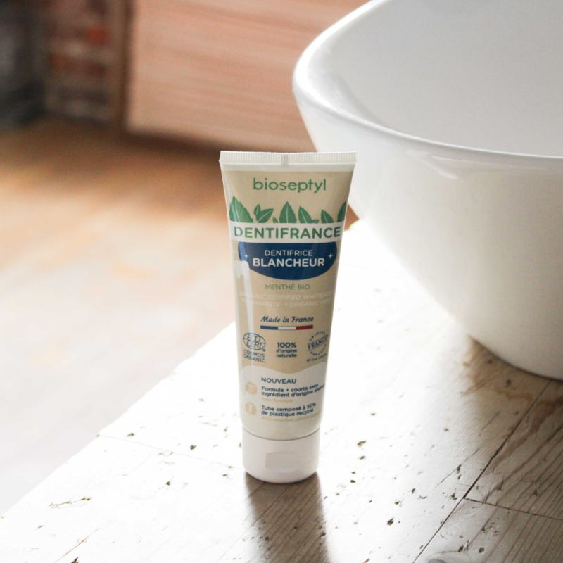 Dentifrice blancheur bio sans fluor Dentifrance 75ml — certifié Cosmos Organic, 9 ingrédients naturels, fabriqué en France