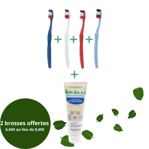 Pack brosse à dents fabriquée en France et dentifrice bio sans fluor — 4 brosses OFG + Dentifrance Cosmos Organic 75ml